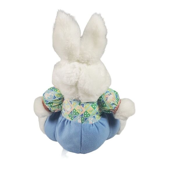 SKM Bunny Rabbit Plush Sitting White Furry Blue Overalls Spring Easter Vintage - Picture 2 of 11
